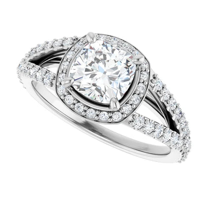 14K White Gold 1 CTW Cushion Halo Split Shank Diamond Engagement Ring