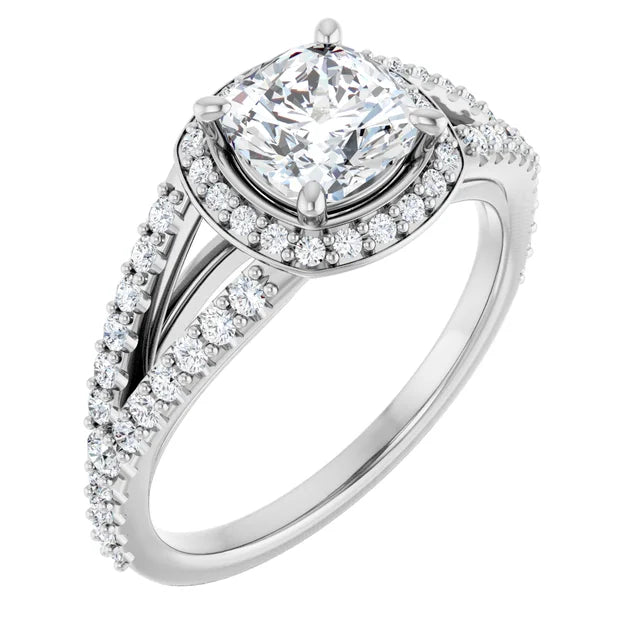 14K White Gold 1 CTW Cushion Halo Split Shank Diamond Engagement Ring