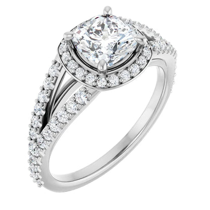 14K White Gold 1 CTW Cushion Halo Split Shank Diamond Engagement Ring