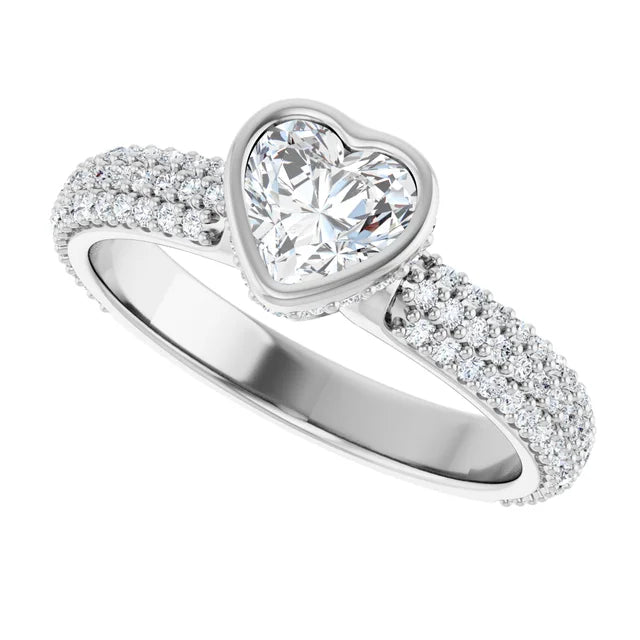 14K White Gold 1 CTW Heart-Cut Diamond Bezel-Set Engagement Ring with Triple Row Pavé Band