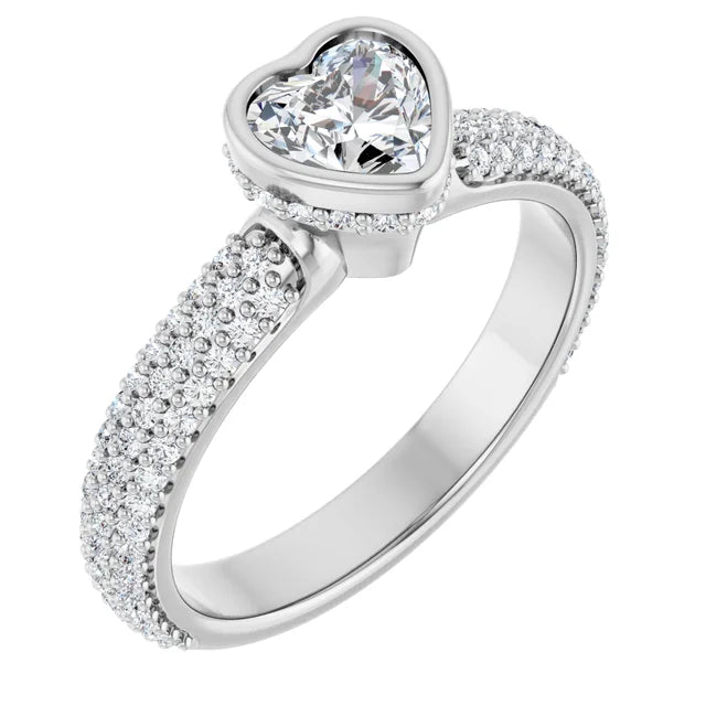 14K White Gold 1 CTW Heart-Cut Diamond Bezel-Set Engagement Ring with Triple Row Pavé Band