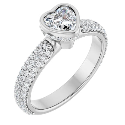 14K White Gold 1 CTW Heart-Cut Diamond Bezel-Set Engagement Ring with Triple Row Pavé Band