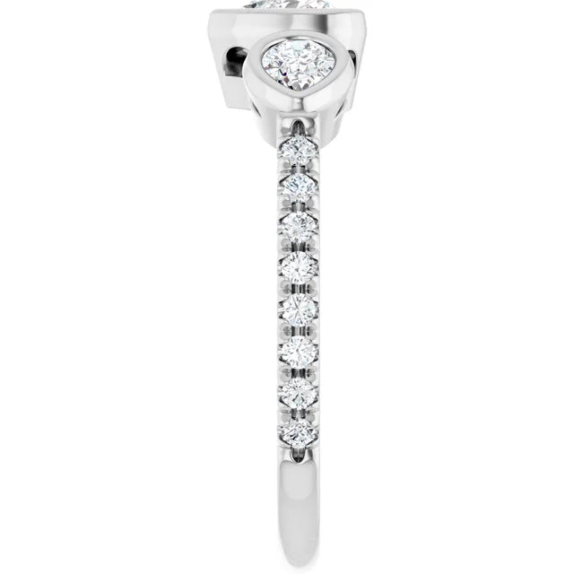 14K White Gold 1 CTW Heart-Cut Diamond Three-Stone Engagement Ring with Pear Bezel Accents and Pavé Band