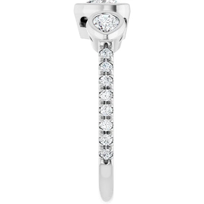 14K White Gold 1 CTW Heart-Cut Diamond Three-Stone Engagement Ring with Pear Bezel Accents and Pavé Band