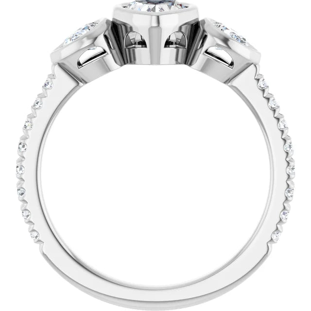14K White Gold 1 CTW Heart-Cut Diamond Three-Stone Engagement Ring with Pear Bezel Accents and Pavé Band