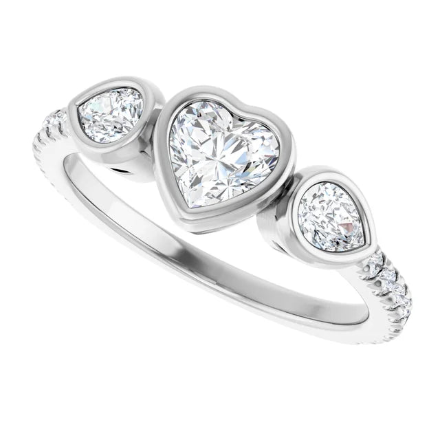 14K White Gold 1 CTW Heart-Cut Diamond Three-Stone Engagement Ring with Pear Bezel Accents and Pavé Band