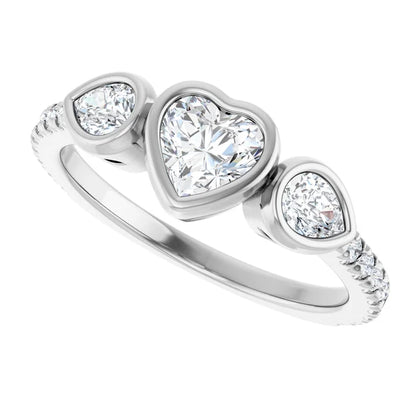 14K White Gold 1 CTW Heart-Cut Diamond Three-Stone Engagement Ring with Pear Bezel Accents and Pavé Band