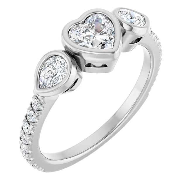 14K White Gold 1 CTW Heart-Cut Diamond Three-Stone Engagement Ring with Pear Bezel Accents and Pavé Band