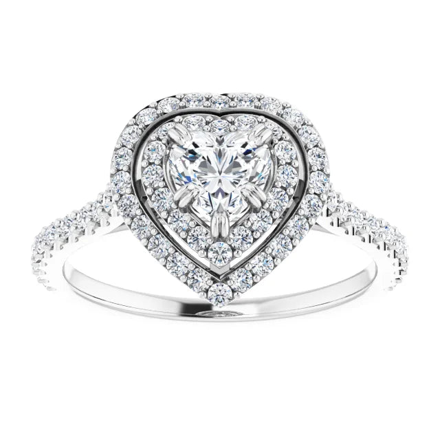 14K White Gold 1 CTW Heart Diamond Double Halo Engagement Ring with Pavé Band