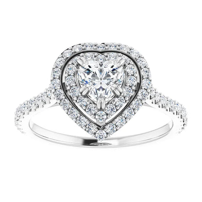 14K White Gold 1 CTW Heart Diamond Double Halo Engagement Ring with Pavé Band