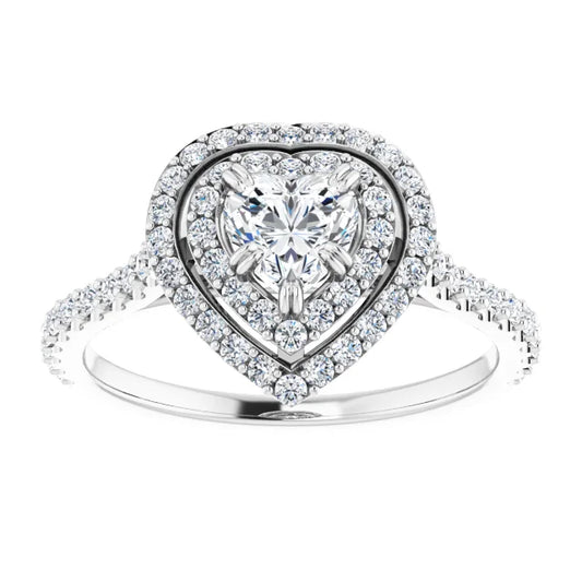 14K White Gold 1 CTW Heart Diamond Double Halo Engagement Ring with Pavé Band