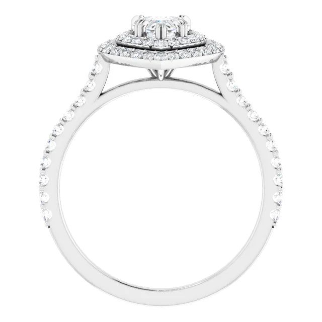 14K White Gold 1 CTW Heart Diamond Double Halo Engagement Ring with Pavé Band