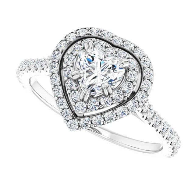 14K White Gold 1 CTW Heart Diamond Double Halo Engagement Ring with Pavé Band