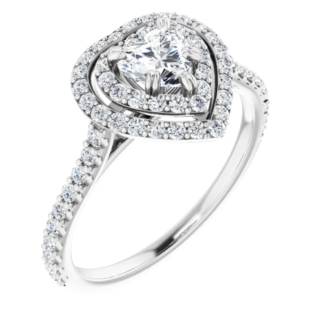 14K White Gold 1 CTW Heart Diamond Double Halo Engagement Ring with Pavé Band