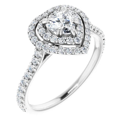 14K White Gold 1 CTW Heart Diamond Double Halo Engagement Ring with Pavé Band