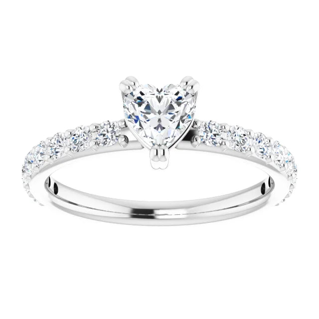 14K White Gold 1 CTW Heart Diamond Engagement Ring with Classic Pavé Band