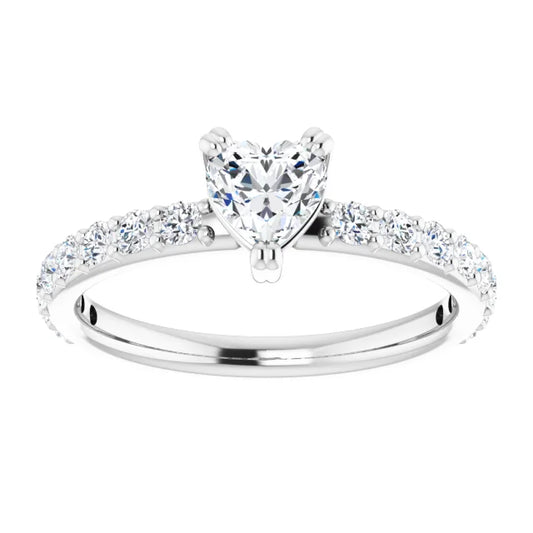 14K White Gold 1 CTW Heart Diamond Engagement Ring with Classic Pavé Band