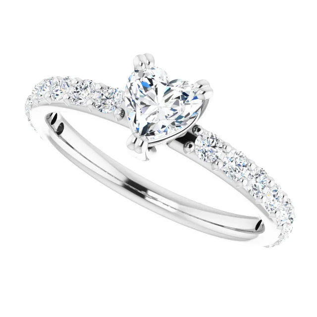 14K White Gold 1 CTW Heart Diamond Engagement Ring with Classic Pavé Band