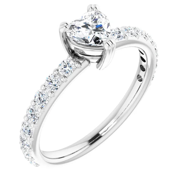 14K White Gold 1 CTW Heart Diamond Engagement Ring with Classic Pavé Band