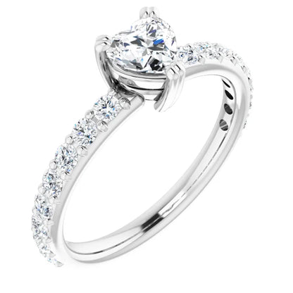 14K White Gold 1 CTW Heart Diamond Engagement Ring with Classic Pavé Band