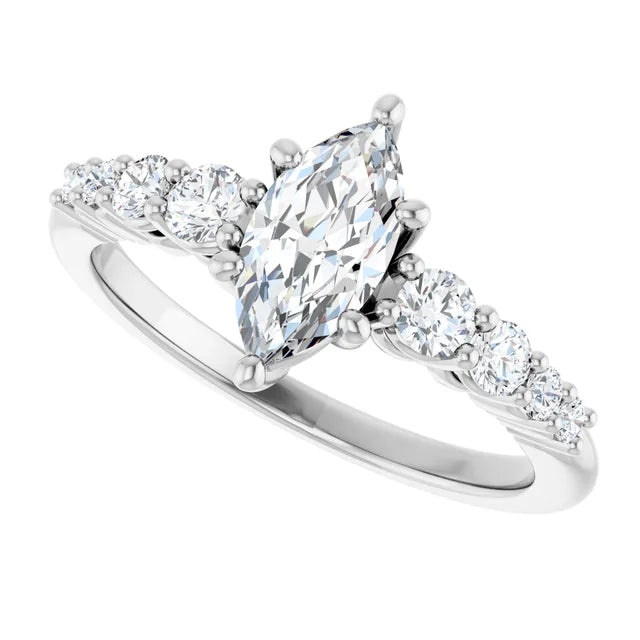 14K White Gold 1 CTW Marquise-Cut Diamond Engagement Ring with Graduated Round Accents