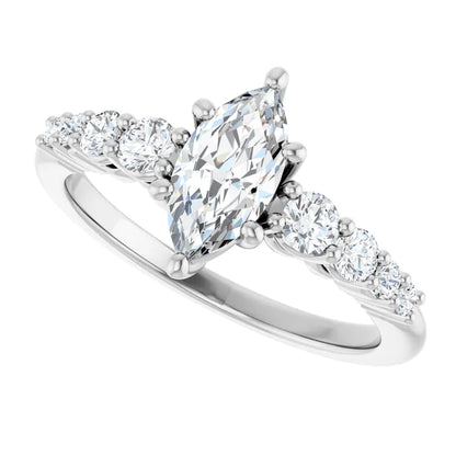 14K White Gold 1 CTW Marquise-Cut Diamond Engagement Ring with Graduated Round Accents