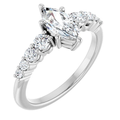 14K White Gold 1 CTW Marquise-Cut Diamond Engagement Ring with Graduated Round Accents