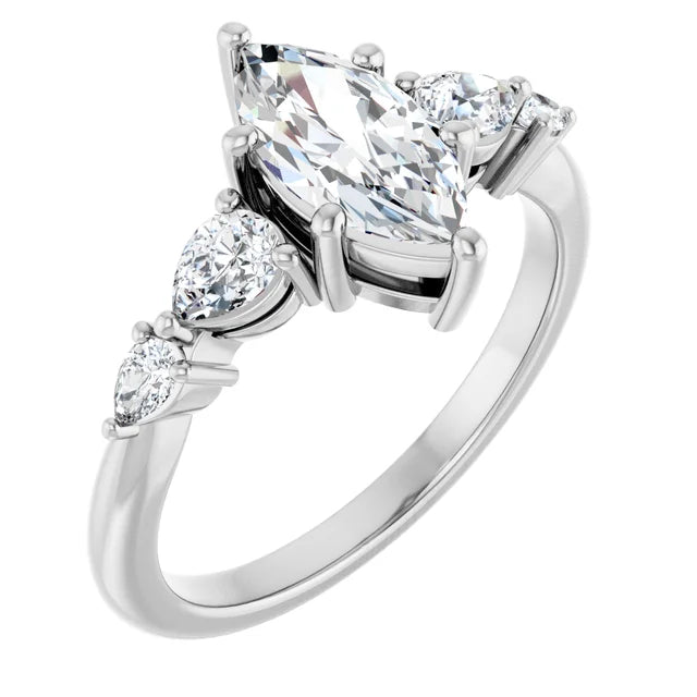 14K White Gold 1 CTW Marquise-Cut Diamond Engagement Ring with Tapered Round Accents