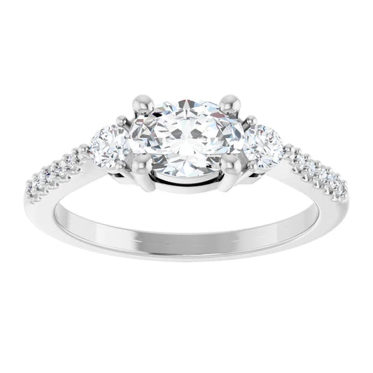 14K White Gold 1 CTW Oval-Cut Diamond Engagement Ring with Side Stones and Pavé Shank