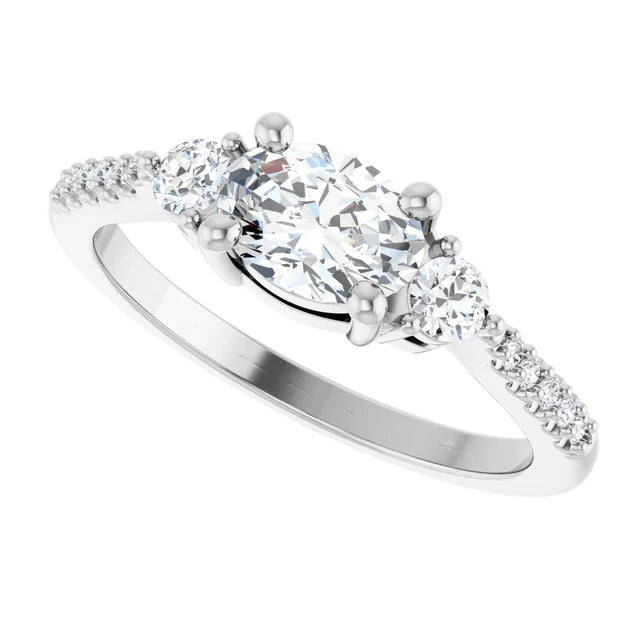 14K White Gold 1 CTW Oval-Cut Diamond Engagement Ring with Side Stones and Pavé Shank