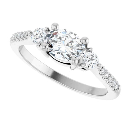 14K White Gold 1 CTW Oval-Cut Diamond Engagement Ring with Side Stones and Pavé Shank