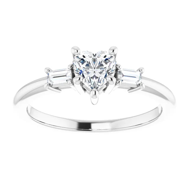 14K White Gold 1/2 CTW Heart Diamond Engagement Ring with Baguette Side Stones