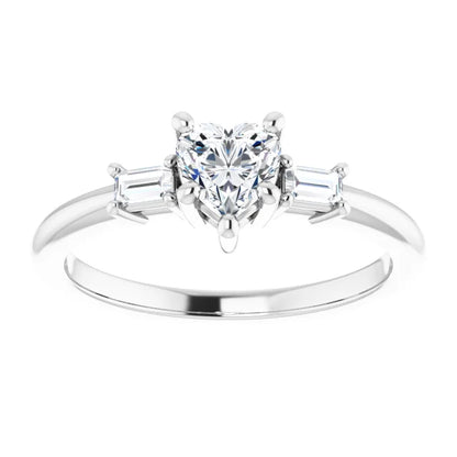 14K White Gold 1/2 CTW Heart Diamond Engagement Ring with Baguette Side Stones