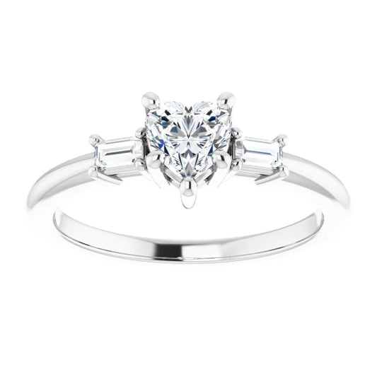 14K White Gold 1/2 CTW Heart Diamond Engagement Ring with Baguette Side Stones