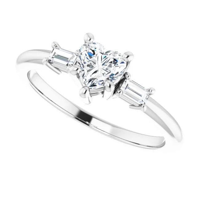 14K White Gold 1/2 CTW Heart Diamond Engagement Ring with Baguette Side Stones