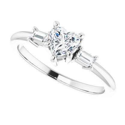 14K White Gold 1/2 CTW Heart Diamond Engagement Ring with Baguette Side Stones