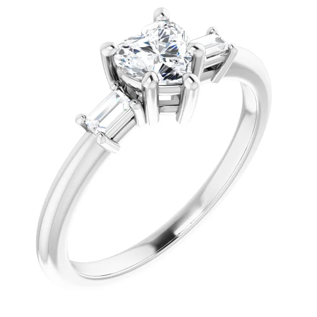 14K White Gold 1/2 CTW Heart Diamond Engagement Ring with Baguette Side Stones