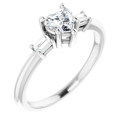 14K White Gold 1/2 CTW Heart Diamond Engagement Ring with Baguette Side Stones