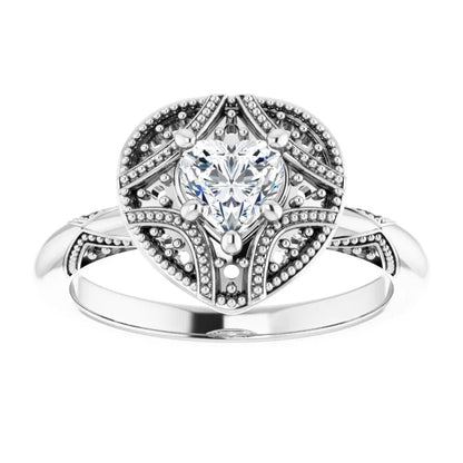 14K White Gold 1/2 CTW Heart Diamond Engagement Ring with Milgrain Halo and Filigree Detail