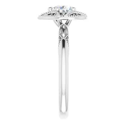 14K White Gold 1/2 CTW Heart Diamond Engagement Ring with Milgrain Halo and Filigree Detail