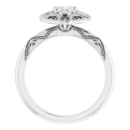 14K White Gold 1/2 CTW Heart Diamond Engagement Ring with Milgrain Halo and Filigree Detail