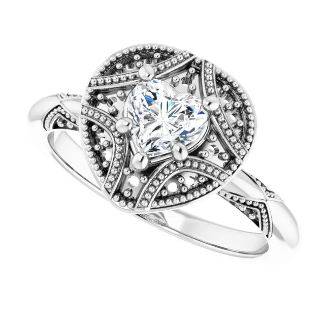14K White Gold 1/2 CTW Heart Diamond Engagement Ring with Milgrain Halo and Filigree Detail