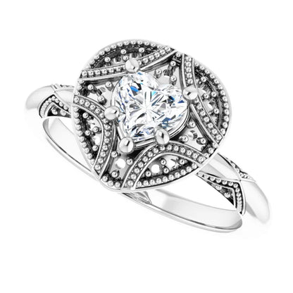 14K White Gold 1/2 CTW Heart Diamond Engagement Ring with Milgrain Halo and Filigree Detail