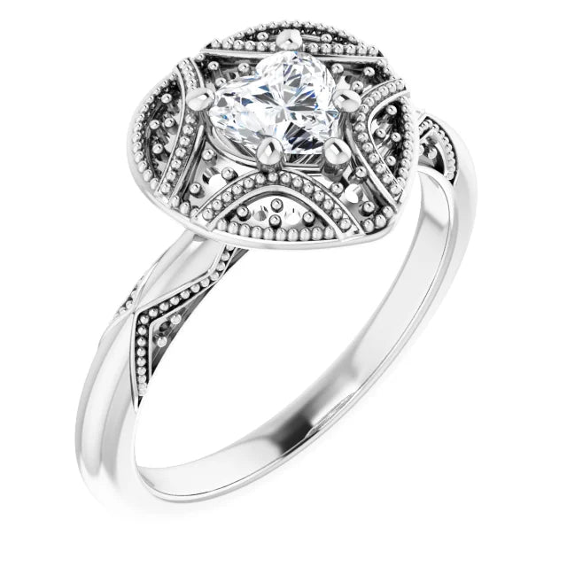 14K White Gold 1/2 CTW Heart Diamond Engagement Ring with Milgrain Halo and Filigree Detail