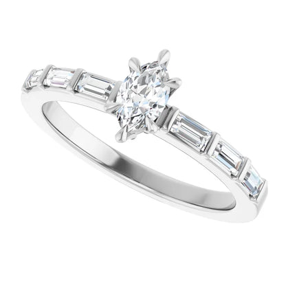 14K White Gold 1/2 CTW Marquise-Cut Diamond Engagement Ring with Baguette Accents