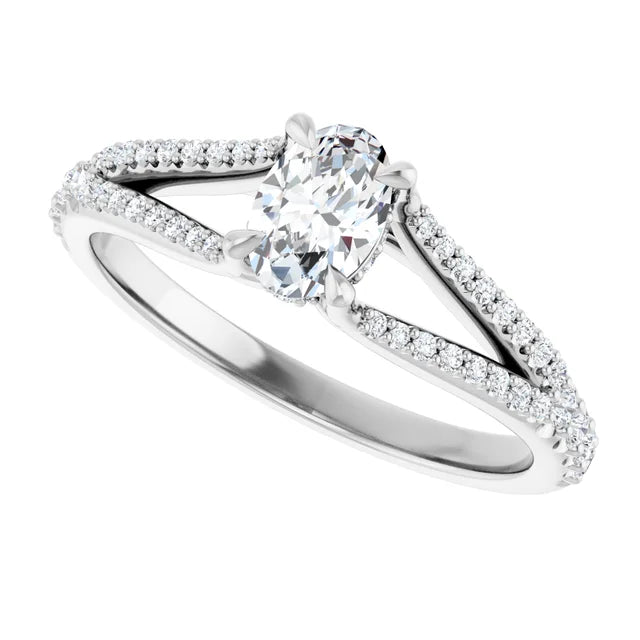 14K White Gold 1/2 CTW Oval-Cut Diamond Engagement Ring with Split Shank Pavé Design