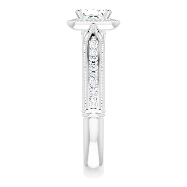 14K White Gold 1/3 CT Princess Cut Diamond Halo Engagement Ring with Milgrain Accents