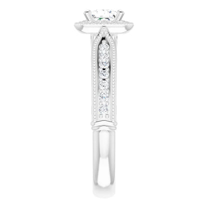 14K White Gold 1/3 CT Princess Cut Diamond Halo Engagement Ring with Milgrain Accents