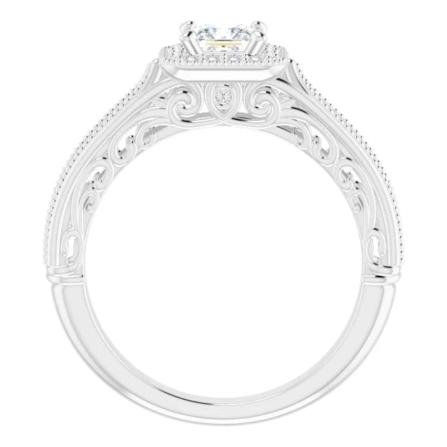 14K White Gold 1/3 CT Princess Cut Diamond Halo Engagement Ring with Milgrain Accents