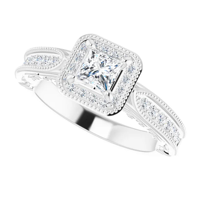 14K White Gold 1/3 CT Princess Cut Diamond Halo Engagement Ring with Milgrain Accents